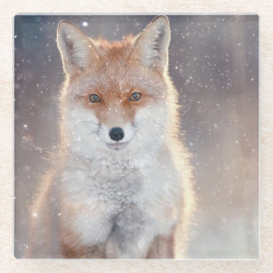 Dessous-de-verre En Verre Renard rouge, forêt d'hiver, illustration pittores