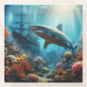 Dessous-de-verre En Verre Requin tigre côtier/nautique & récif corallien