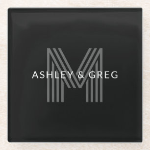 Dessous-de-verre En Verre Retro Moderne Nom/s Monogramme modifiable Noir et 