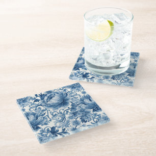 Dessous-de-verre En Verre Rêves Bleus Chinoiserie Aquarelle Florale Blanch