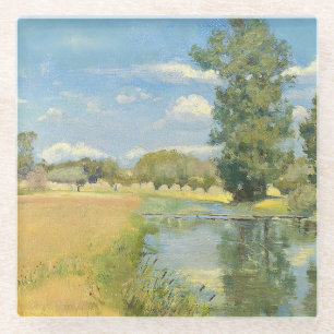 Dessous-de-verre En Verre Rivière à travers un paysage de récolte, été