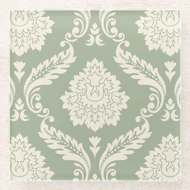 Dessous-de-verre En Verre Rococo Damask Lg Pattern Cream on Green (Devant)