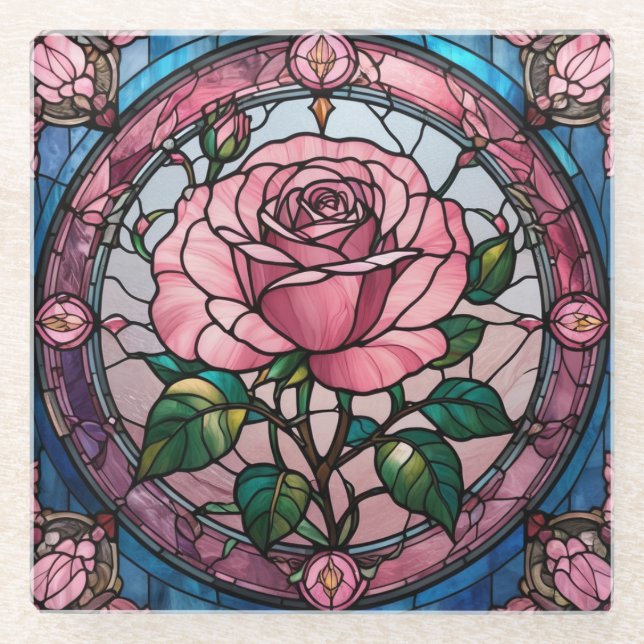 Dessous-de-verre En Verre Rose Fleur Floral Verre Tiré Art (Devant)