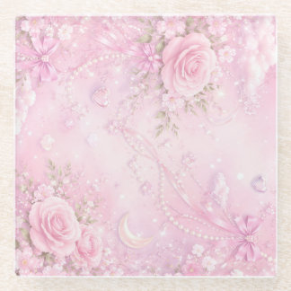 Dessous-de-verre En Verre Rose Florale Rose Rêveuse Perles Rubans Paillettes