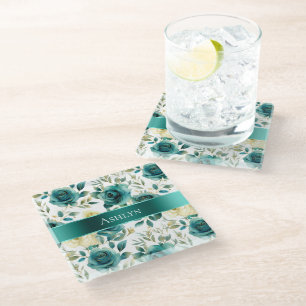 Dessous-de-verre En Verre Rose florale verte sarcelle romantique crème