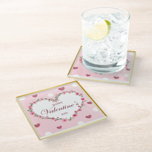 Dessous-de-verre En Verre Rose Rose Floral Coeurs Cadeaux de la Saint Valent