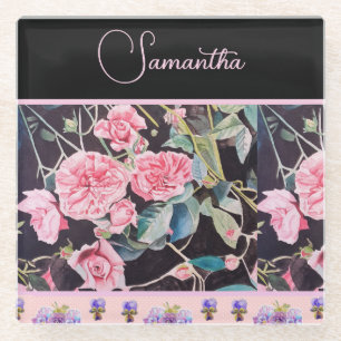 Dessous-de-verre En Verre Rose rose roseau aquarelle vintage personnalisable