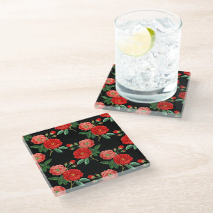 Dessous-de-verre En Verre Roses rouges, fond noir,