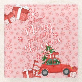 DESSOUS-DE-VERRE EN VERRE ROUGE & BLANC MERRY NOËL ARBRE DE VOITURE PRÉSENTE