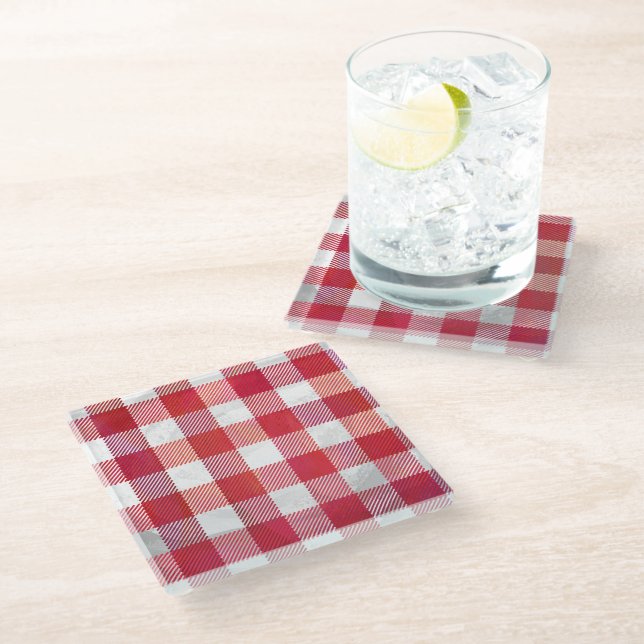 Dessous-de-verre En Verre Rouge et blanc de buffle plaid (Incliné)