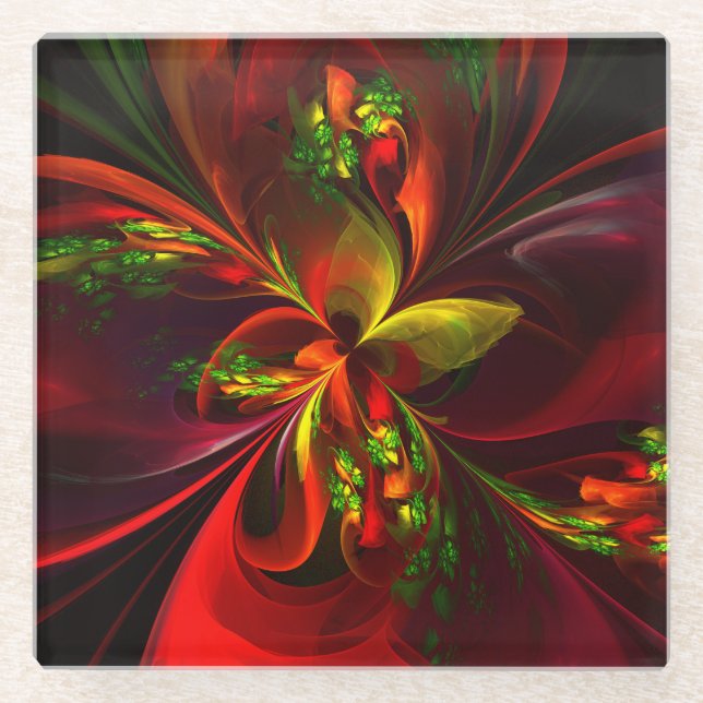 Dessous-de-verre En Verre Rouge vert moderne Floral Abstrait Art Motif #05 (Devant)