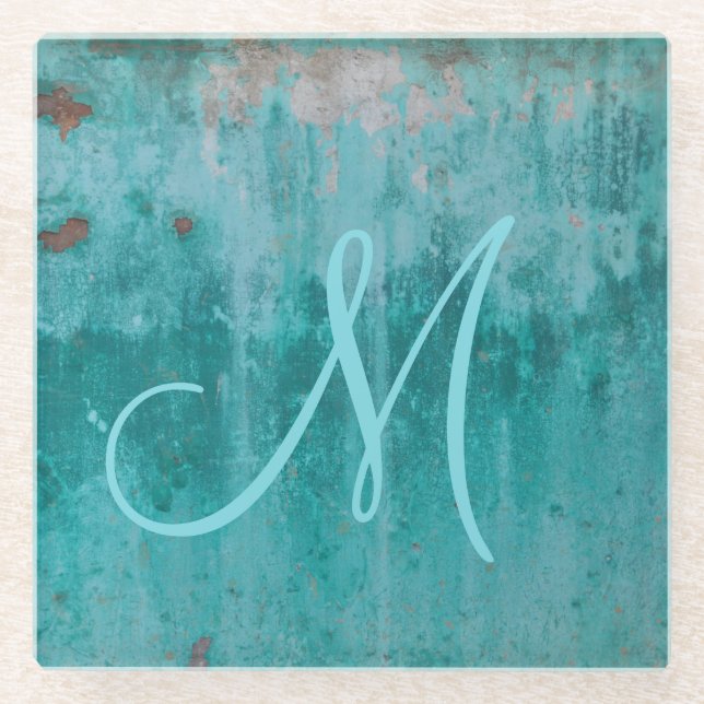 Dessous-de-verre En Verre Rouille Turquoise | Monogramme (Devant)