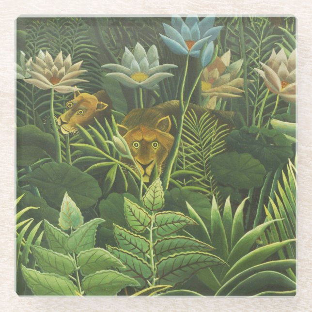 Dessous-de-verre En Verre Rousseau Tropical Jungle Lion Peinture (Devant)
