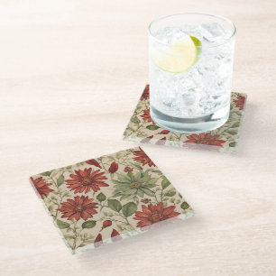Dessous-de-verre En Verre Russe Sage Vert & Bourgogne Rouge Floral Automne