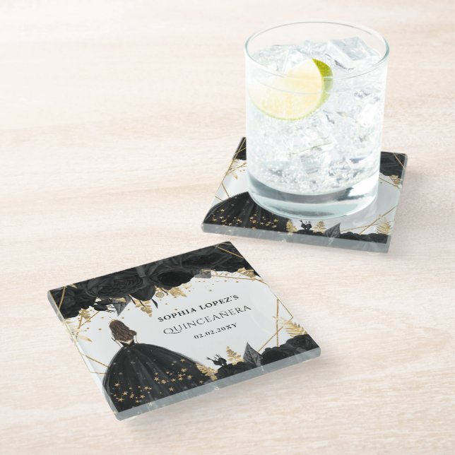 Dessous-de-verre En Verre Rustique Black Gold Floral Princesse Quinceanera (Incliné)