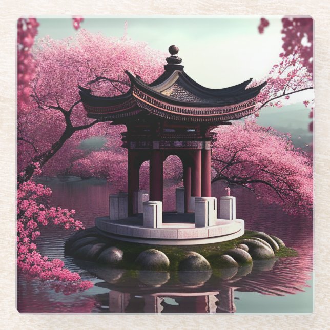 Dessous-de-verre En Verre Sakura Cherry Blossom Garden Shrine Pond Japonais (Devant)