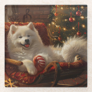 Dessous-de-verre En Verre Samoyed Chien Festive de Noël