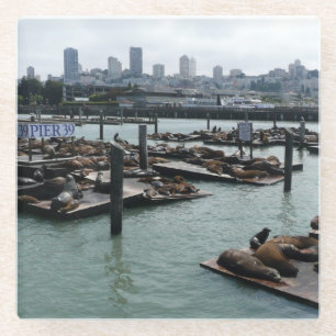 Dessous-de-verre En Verre San Francisco et Pier 39 Sea Lions City Skyline
