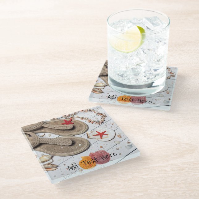 Dessous-de-verre En Verre Sandales, Coquillages et Starfish à la plage (Incliné)