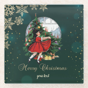 Dessous-de-verre En Verre Sapin de Noël vintage, Petite Fille Flocons de nei