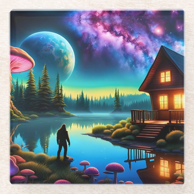 Dessous-de-verre En Verre Sasquatch Regarder les nébuleuses sur une planète  (Devant)