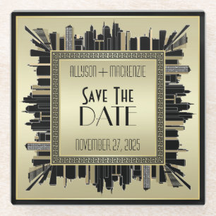 Dessous-de-verre En Verre Sauvez la date Art Déco Champagne Gold Gatsby Glam
