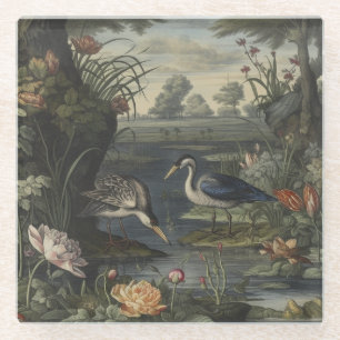 Dessous-de-verre En Verre Scène botanique de grues bleues au bord d'une rivi