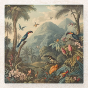 Dessous-de-verre En Verre Scène botanique vintage de perroquets et de fleurs