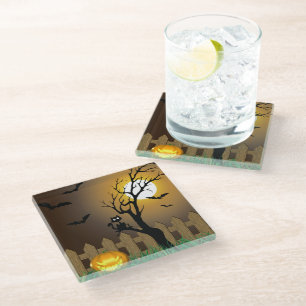 Dessous-de-verre En Verre Scène de jardin d'Halloween effrayant