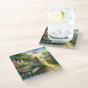 Dessous-de-verre En Verre Scène de porte de chemin de jardin ensoleillé