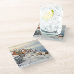 DESSOUS-DE-VERRE EN VERRE SCÈNE DE VILLAGE CÔTIER EN HIVER À L'AQUARELLE
