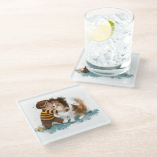 Dessous-de-verre En Verre Sheltie and Boy Dog Hug