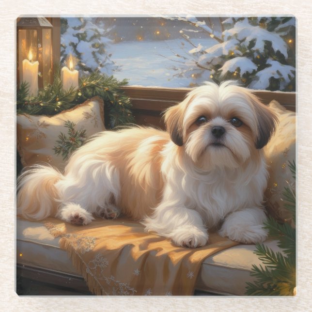 Dessous-de-verre En Verre Shih Tzu avec les lumières de Noël (Devant)