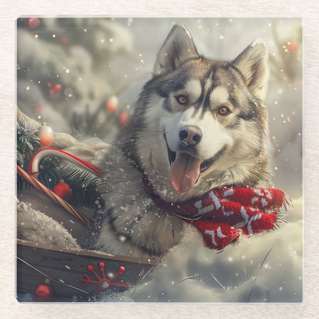 Dessous-de-verre En Verre Sibérie Husky Chien Festif de Noël (Devant)