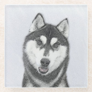 Dessous-de-verre En Verre Sibérie Husky (noir et blanc) Peinture Chien Art