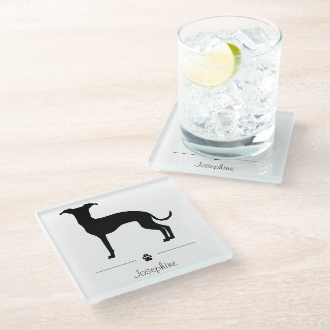Dessous-de-verre En Verre Silhouette Italienne Greyhound Avec Paw Et Texte (Incliné)