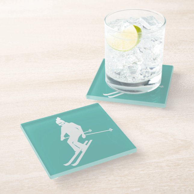 Dessous-de-verre En Verre Skier minimaliste hiver Turquoise blanc (Incliné)