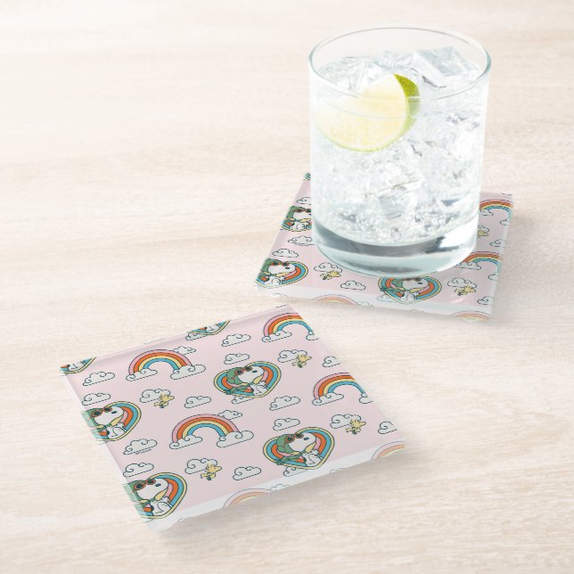Dessous-de-verre En Verre Snoopy & Woodstock Rainbow Heart Motif (Incliné)