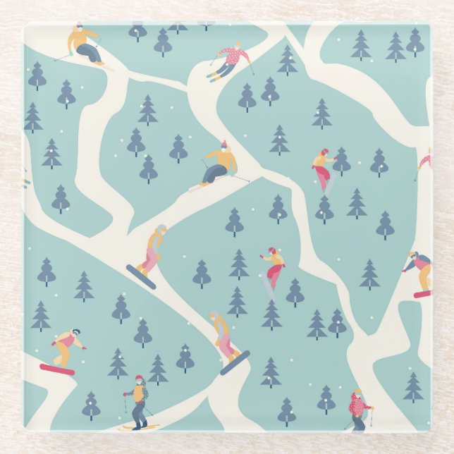 Dessous-de-verre En Verre Snowboarders, station d'hiver, loisirs actifs. (Devant)