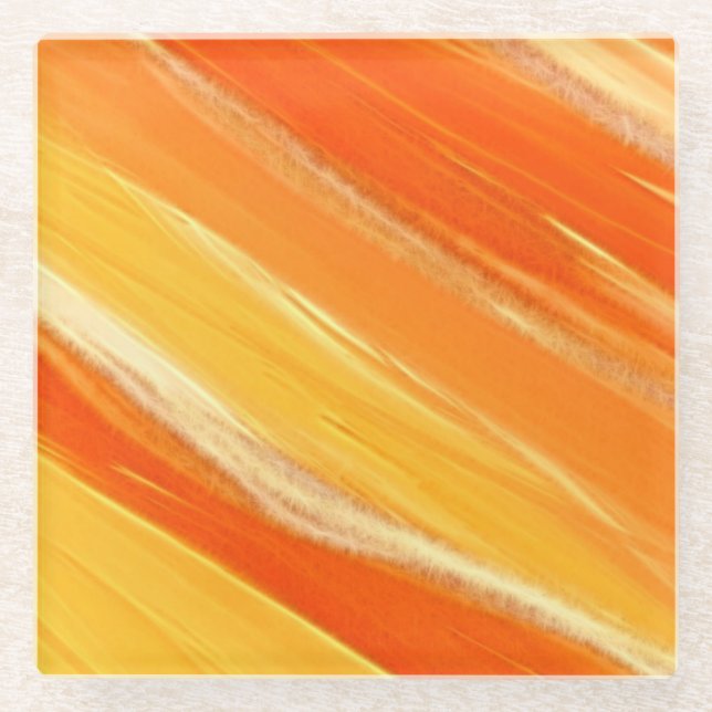 Dessous-de-verre En Verre Soleil - bandes diagonales orange et jaune (Devant)
