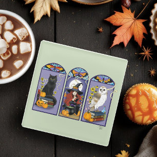 Dessous-de-verre En Verre Sorcière gothique chat noir hibou Halloween Art no