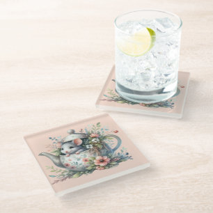 Dessous-de-verre En Verre Souris mignonne en théière florale Illustration