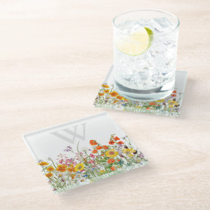 Dessous-de-verre En Verre Sous-verre en verre floral à monogramme élégant