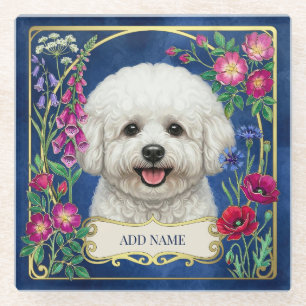 Dessous-de-verre En Verre Sous-verre floral personnalisé Bichon Frise bleu
