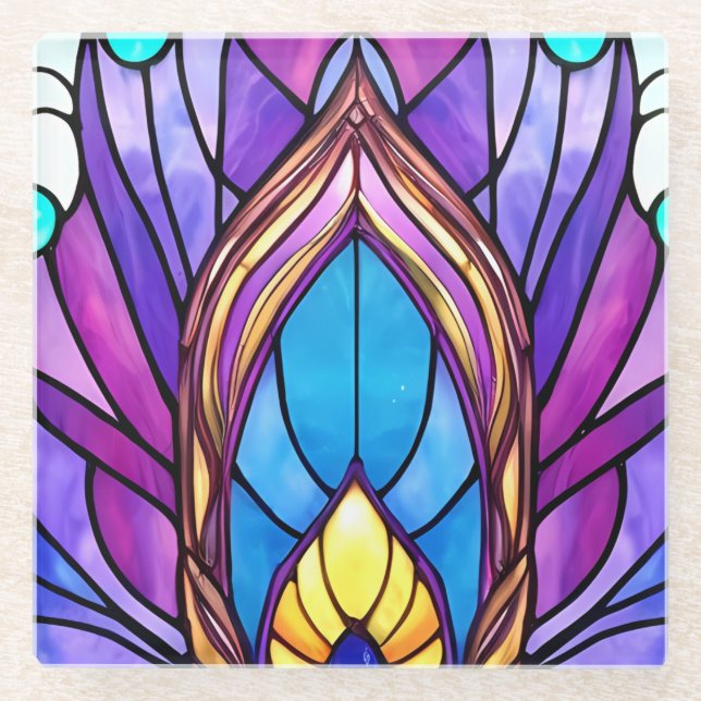 Dessous-de-verre En Verre Style Art Nouveau Vitrage Peacock Plumes (Devant)