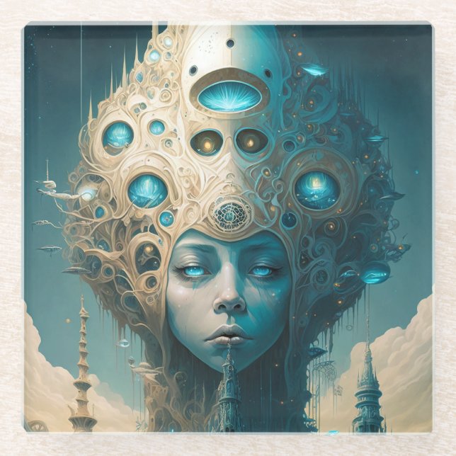 Dessous-de-verre En Verre Surreal Futuristic Alien Woman Lanscape (Devant)