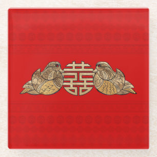 Dessous-de-verre En Verre Symbole Gold Double Happiness avec Canards mandari