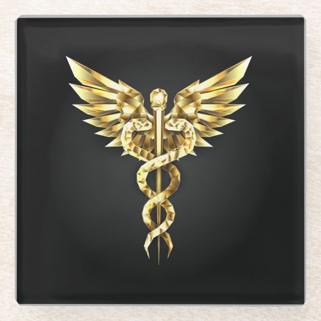 Dessous-de-verre En Verre Symbole Polygonal Or Caduceus (Devant)