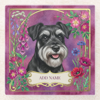 Dessous-de-verre En Verre Tapisserie personnalisée schnauzer argenté et noir