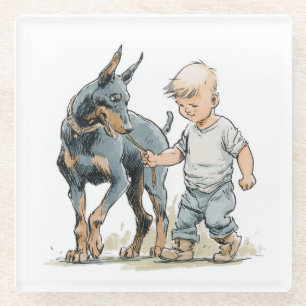 Dessous-de-verre En Verre Tasse sous-verre Little Boy et Doberman Meilleurs